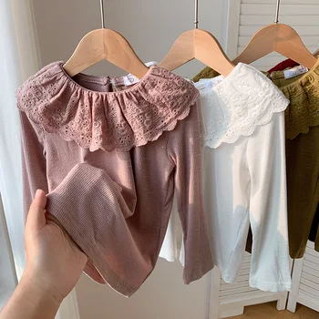 1-12Years Long Sleeved Shirts Children's Spring Knitted Tops Baby's Lace 2025 Lace Base Shirt Korean Girls Ruffle Collar T-shirt 1