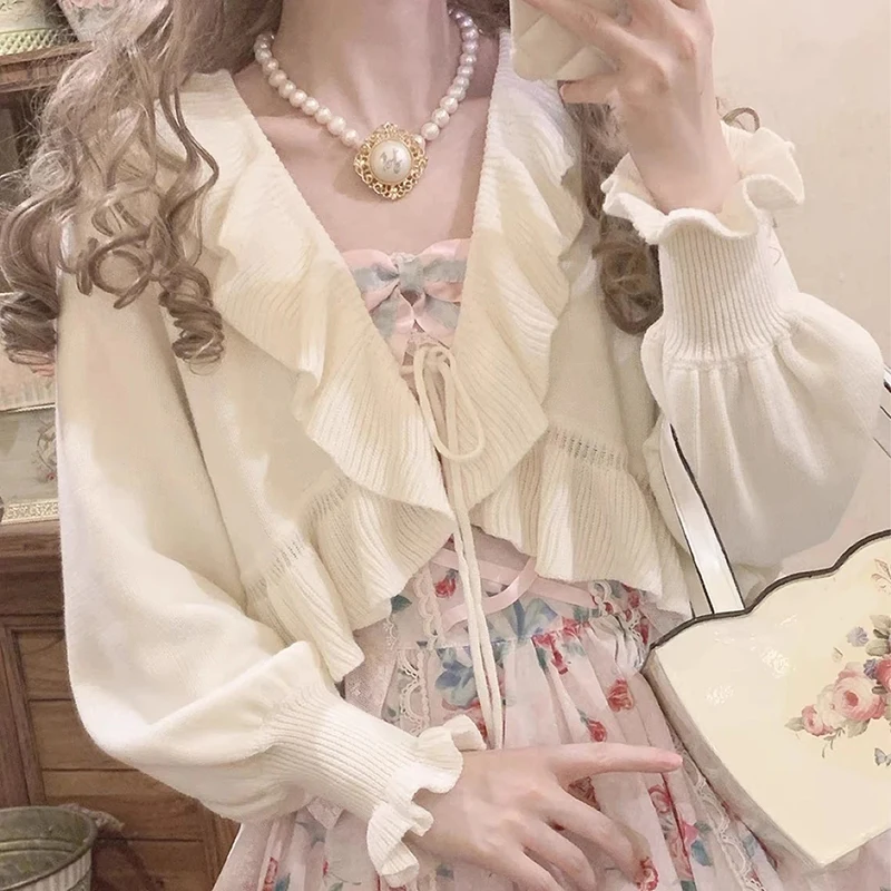 Japanese Sweet Knitted Cardigan Women Fall Ruffles Kawaii Lace Up Cropped Sweaters Harajuku Aesthetic Lantern Sleeve Cute Tops 1