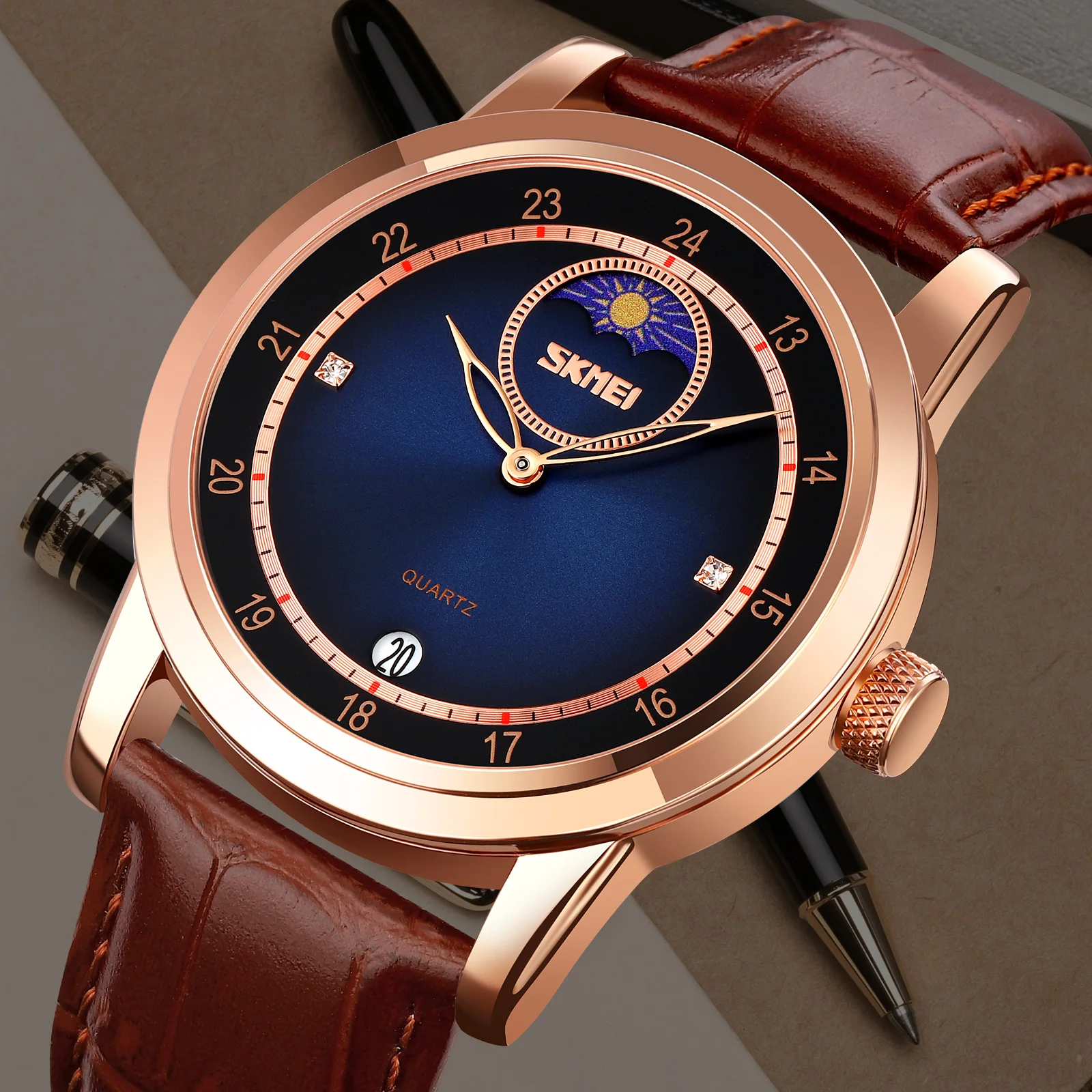 Skmei Fashion Sunstrip Orologio In Scala Semplice Sun Moon Star Waterproof Date Moon Phase Gentleman Muslimmuslimexmuslimah 9300