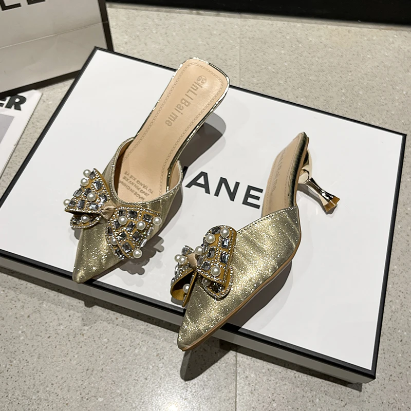 Summer Women Fashion Shoe Sexy High Heel Ankle Slingbacks Buckle Strap Pointed Toe Butterfly-Knot Decoration Pumps Women Sandals