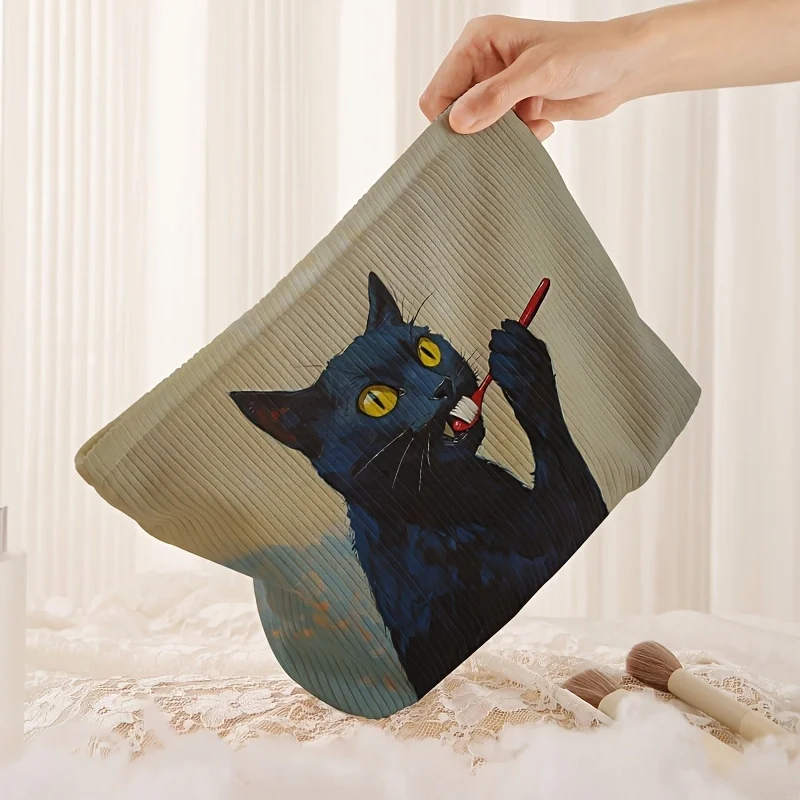 1pc，Black cat patterned corduroy makeup bag, lightweight zipper makeup storage box, multifunctional bag with lining