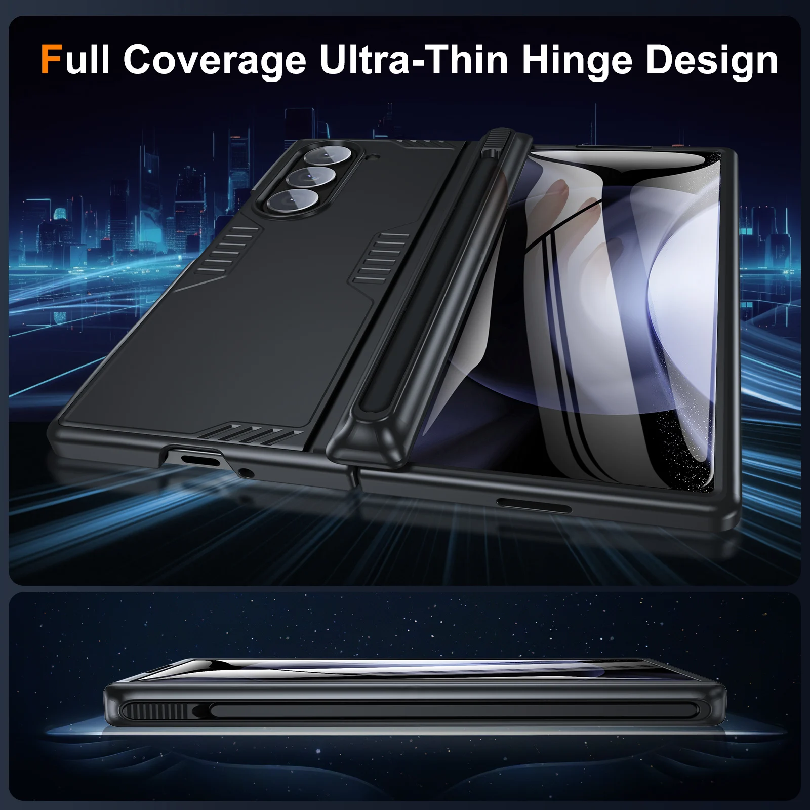 ‌Heavy-Duty Shockproof Phone Case with S Pen Holder & Screen Protector, Full-Body Hinge Protection Cover