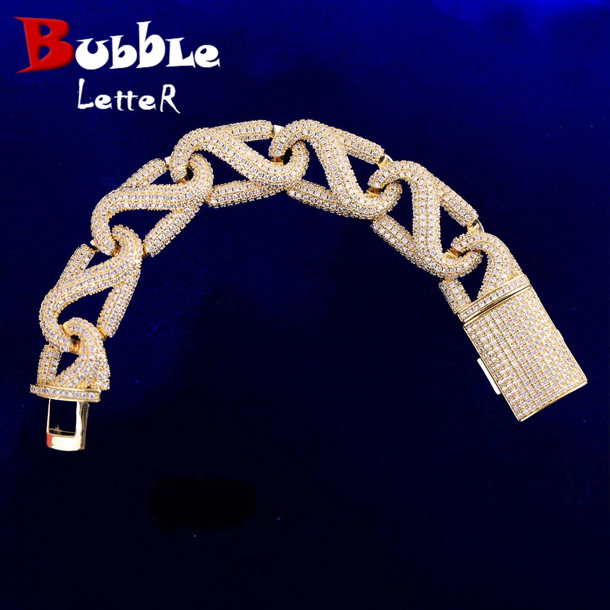 

Bubble Letter Iced Out Cuban Link Bracelet for Men Prong Setting Cubic Zirconia Real Gold Plated Hip Hop Jewelry