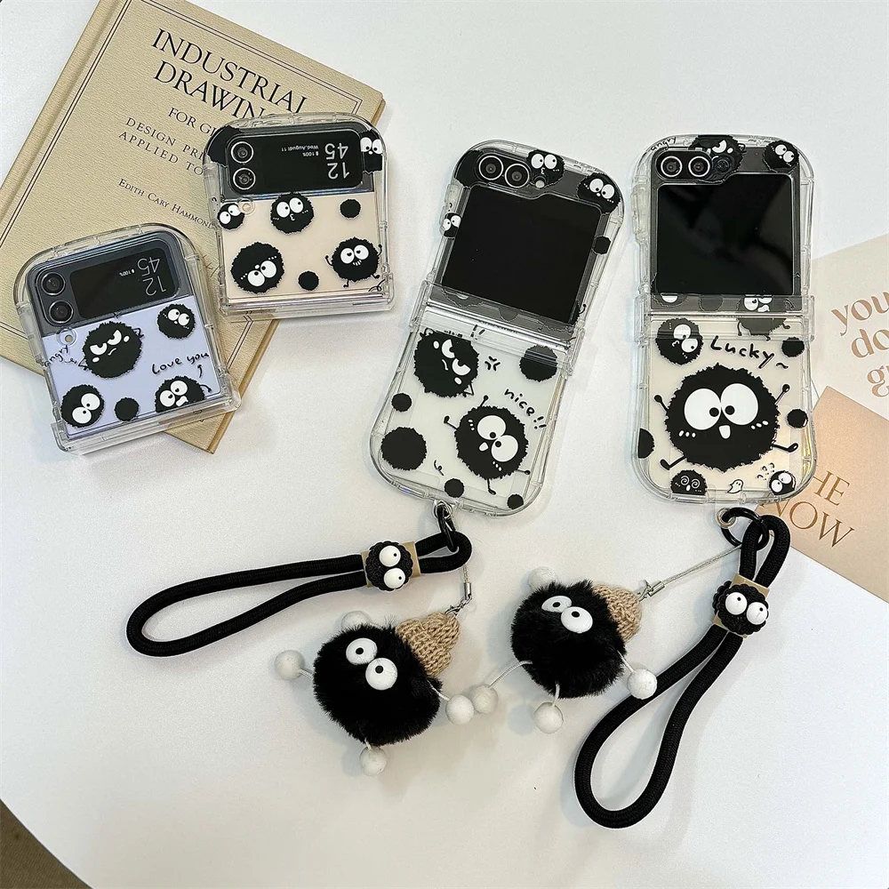 Adorable Coal Ball Plush Lanyard Phone Case with Airbag Frame and Hinge 3-in-1 Cover