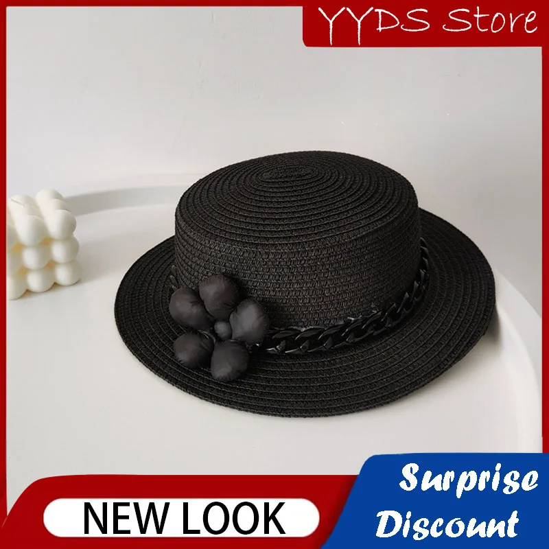 Children's Hand-woven Straw Hat Summer Outdoor Fashion Flat-top Beach Straw Hat Girls Foreign Style Straw Black Top Hat