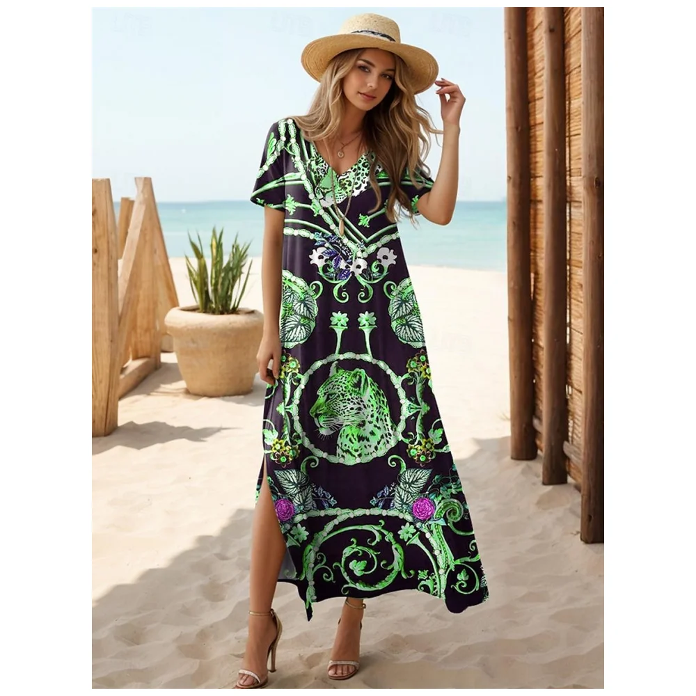 thumbnail image 1 of Vestidos para mujer, moda, cuello en V, vestido largo diario, manga corta, falda de mujer, estilo bohemio, vestidos con abertura, ropa de verano para mujer, 1 of 2