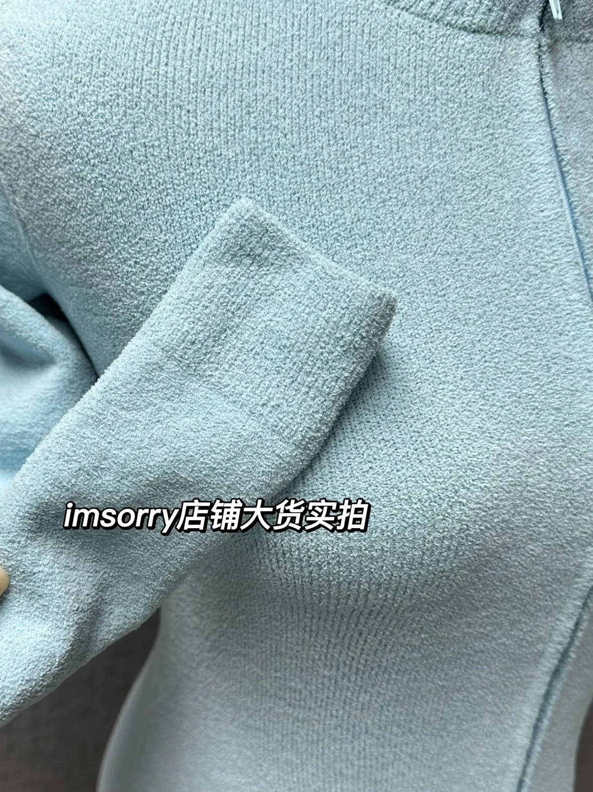 Blue Knitted Long-Sleeved Jumpsuit Light Luxury Plush Home Wear One-Piece Shorts