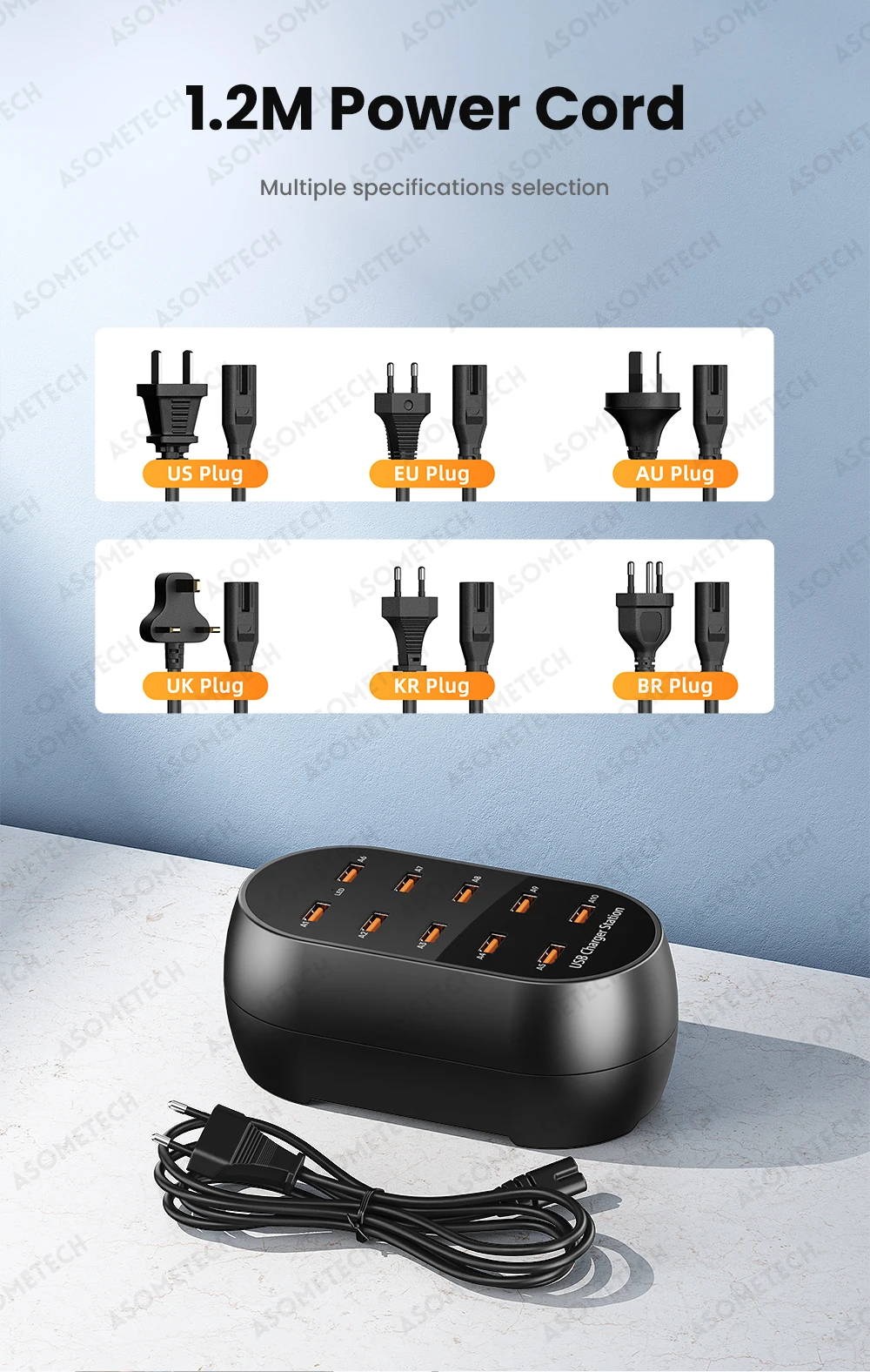 Asome tech 10 port usb ladegerät 100v-240v eu us kr uk stecker desktop usb ladestation für mehrere geräte iphone samsung xiaomi – Detail 5