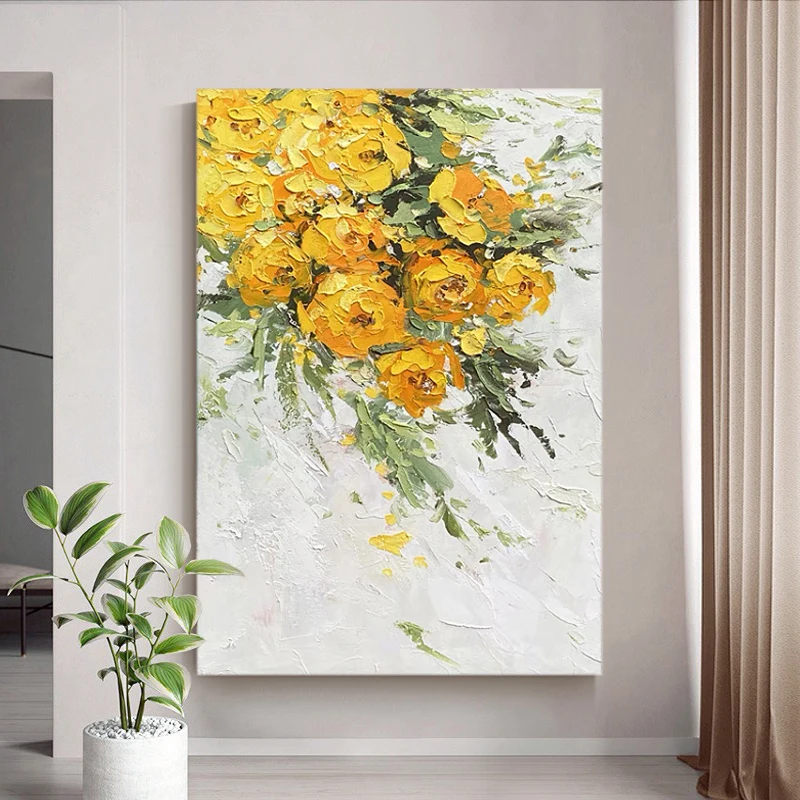

OQ 100% Handmade Abstract Yellow Flower Knife Oil Painting On Canvas Living Room Sofa Home Decor Wall Art Hanging Mural Unframed