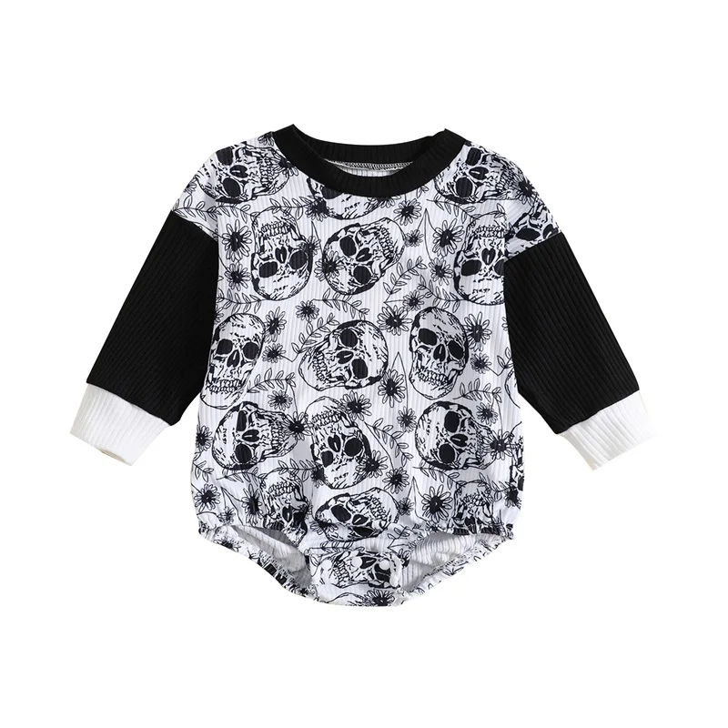 

Baby Romper, Long Sleeve Crew Neck Skull Flower Print Fall Bodysuit Halloween Clothes for Girls Boys