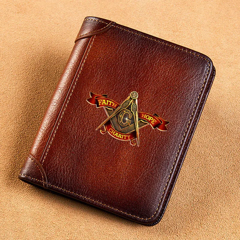

High Quality Genuine Leather Wallet Masonic Faith Hope Charity Printing Standard Short Purse BK3271