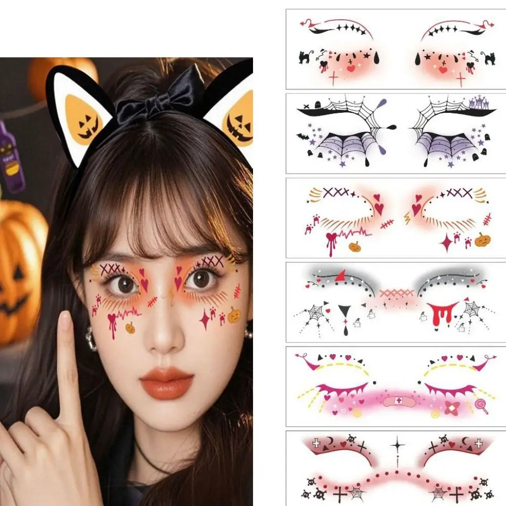 12pcs Disposable Halloween Face Tattoo Waterproof Long-acting Cheek Temporary Stickers Transparent Terrifying Bat Face Stickers