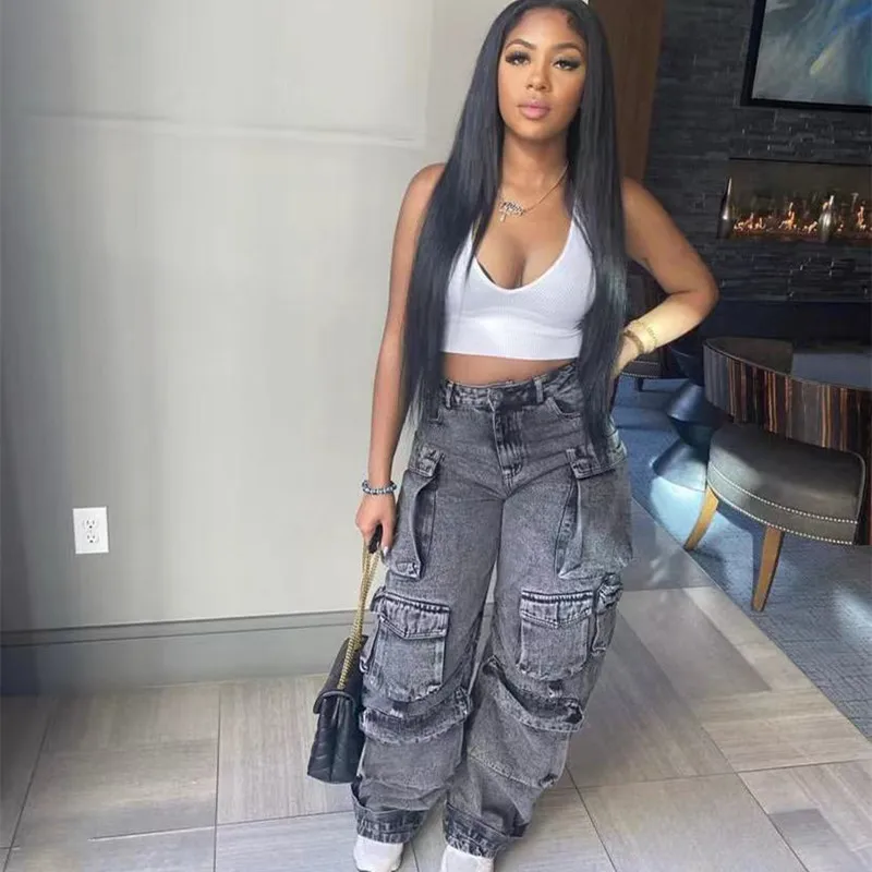 

Soefdioo Make Old Patchwork Multi Pockets Jeans Women Fashion Loose High Waist Denim Cargo Pants Summer 2023 Casual Streetwear
