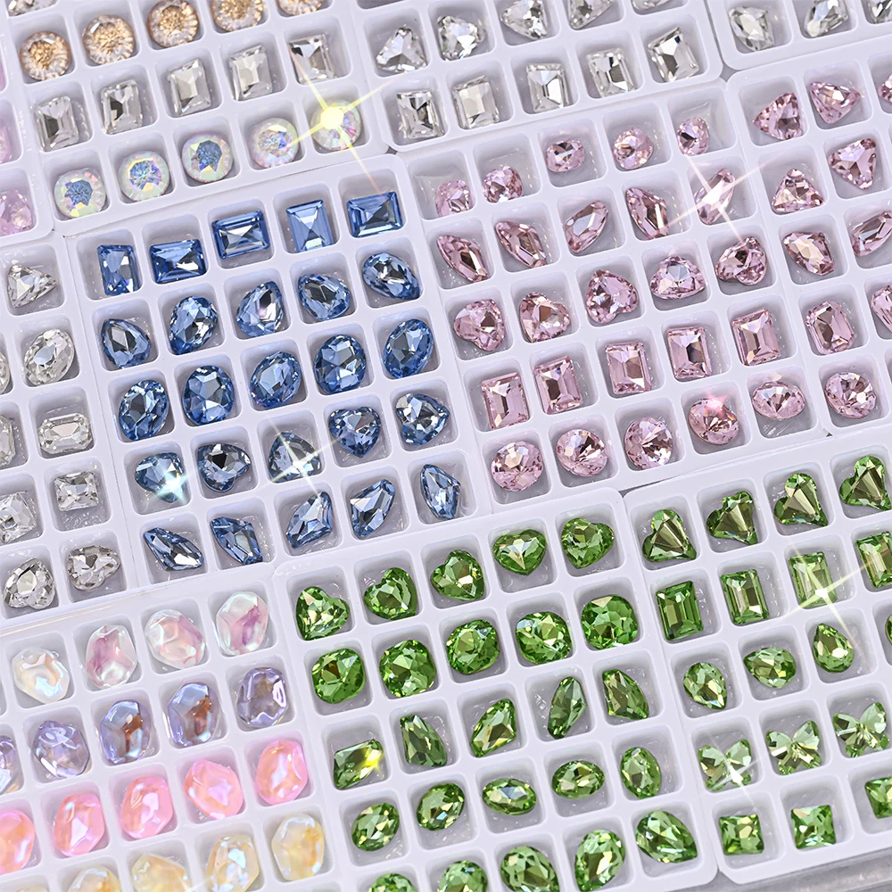 25pcs 3D 하트/물방울/사각형/나비 네일 다이아몬드 보석 유리 녹색 네일 크리스탈 라인 석 뾰족한 바닥 네일 참 F4 