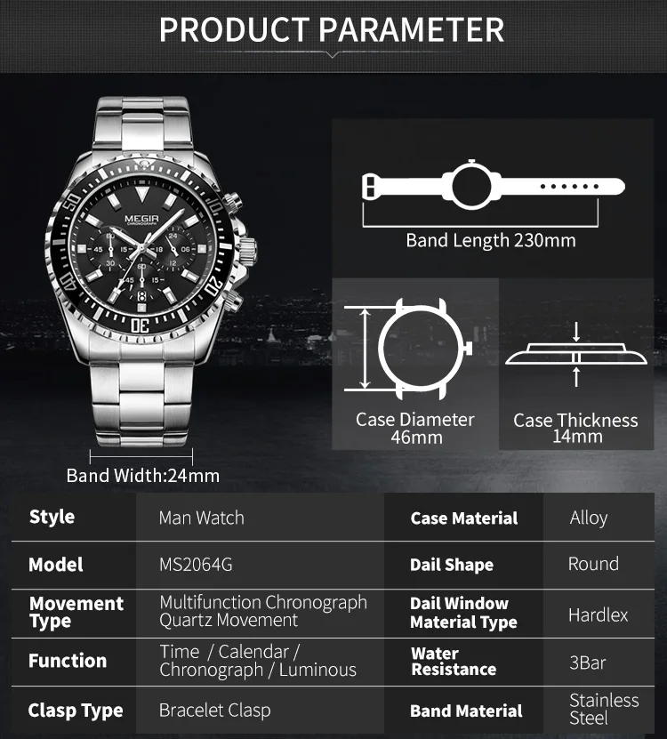 MEGIR Original Luxury Business Quartz Watch Men Stainless Steel