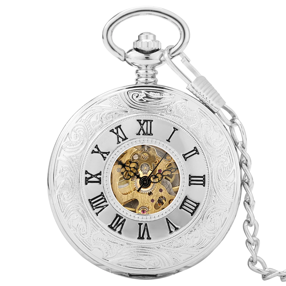 

Roman Numerals Silver Mechanical Hand Winding Pocket Watch Tow-sides Openable Cover Pocket Chain Pendant Pocket Timepiece Gift