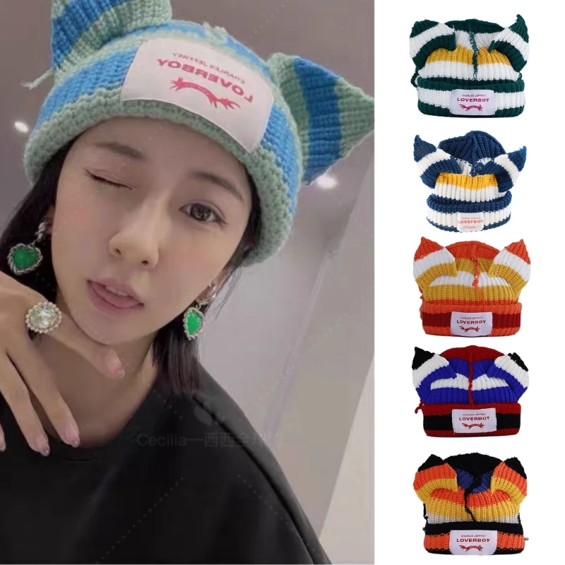 

Y1UB Fashion Pullover for Cat Ear Patch Knitted Hat for Girl / Boyfr