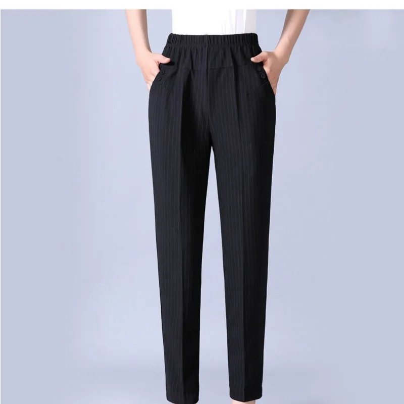 Women's Autumn and Winter New Fashion Elegant Stripe Plaid Elastic Waist Casual Long Loose Straight Tube Plush Thickened Pants