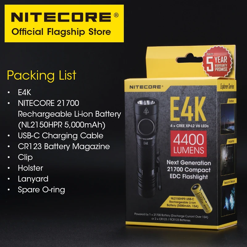 Linterna NITECORE E4K 4400 lúmenes, batería de 5000 mAh, cargador