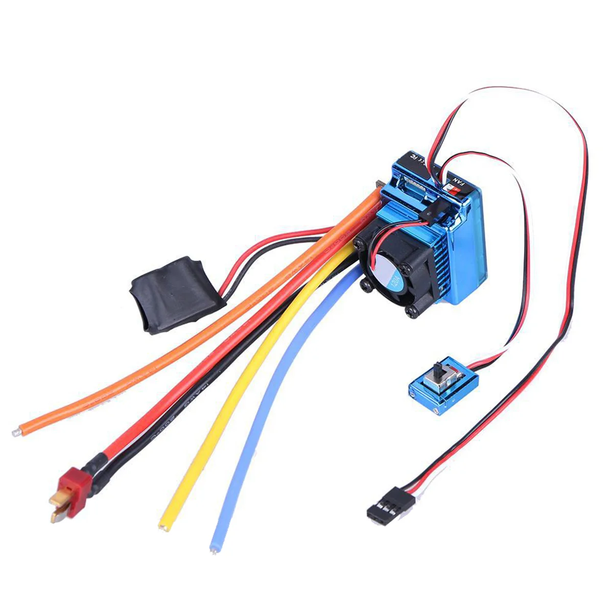 Contrôleur de vitesse brushless 120A pour voiture RC, connecté à un moteur brushless, câbles de signal et de batterie branchés.