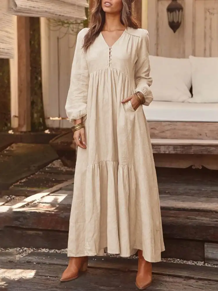 

ZANZEA Women Holiday Long Robes Casual Puff Sleeve Dress Autumn Tiered Maxi Dress Loose V Neck Fashion Vintage Cotton Vestido