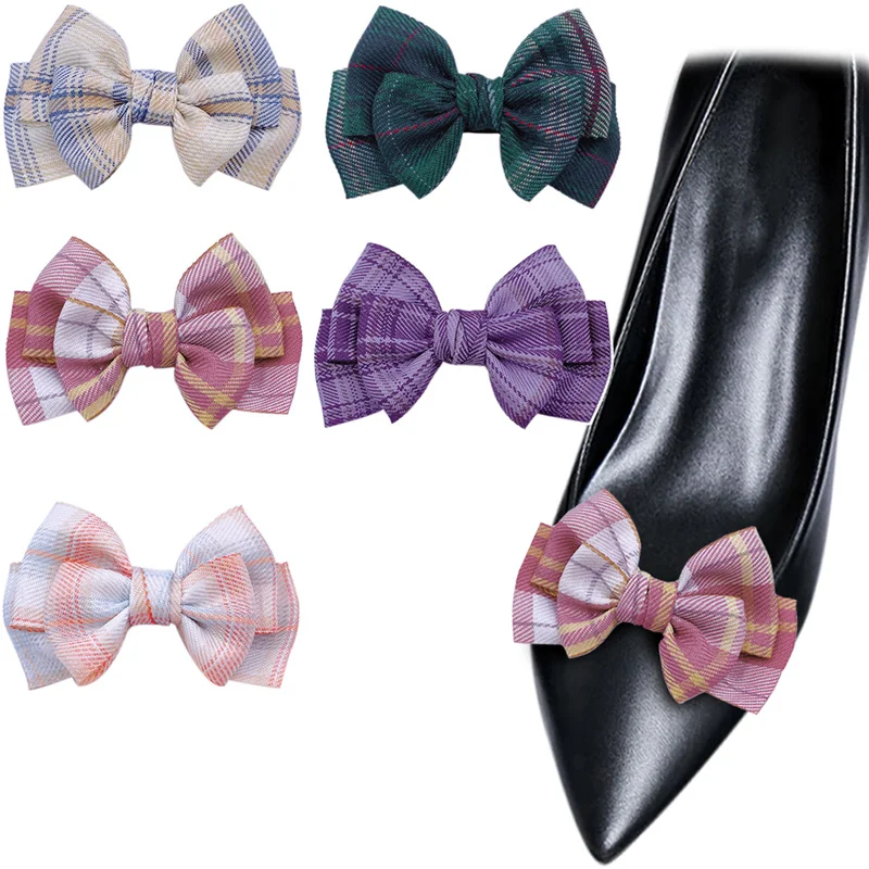 

2 Pcs Sweet Shoe Embellishment Pumps Shoe Clips Plaid Bow Detachable Shoes Decoration Miss Shoe Buckle for Uniform Hat Pumps