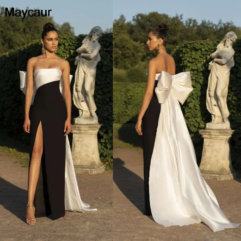 Womens Dress Strapless A-line Evening Dresses Ivory And Black High Side Split Floor Length Formal Dress Prom Party Gowns Big Bow Customized