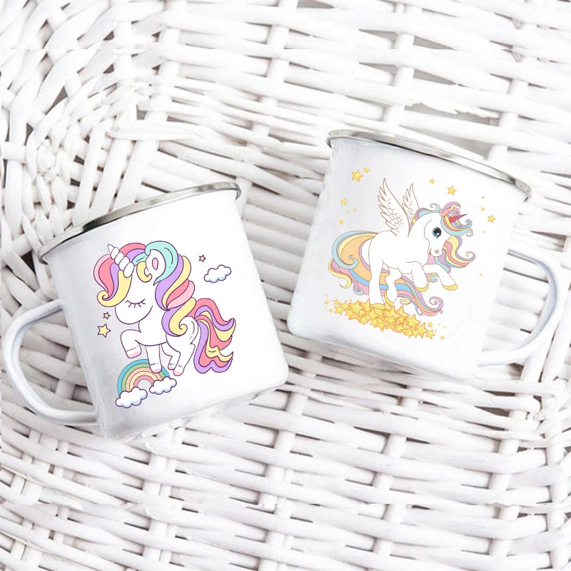 

Cartoon Unicorn Printed Creative Mug Water Juice Drinks Milk Cup Enamel Mugs Handle Drinkware Kids Birthday Children's Day Gift