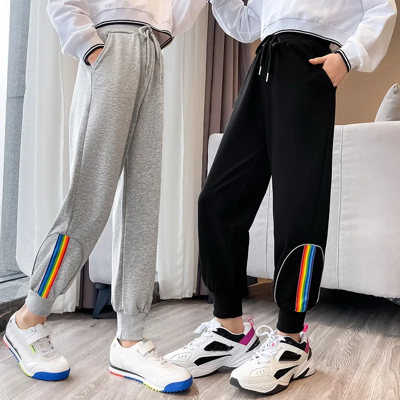 

2022 Sports Pants Girls Clothing 5-15 Years Kids Trousers Korean Rainbow Spring Autumn Causal Loose Children School Sweatpants