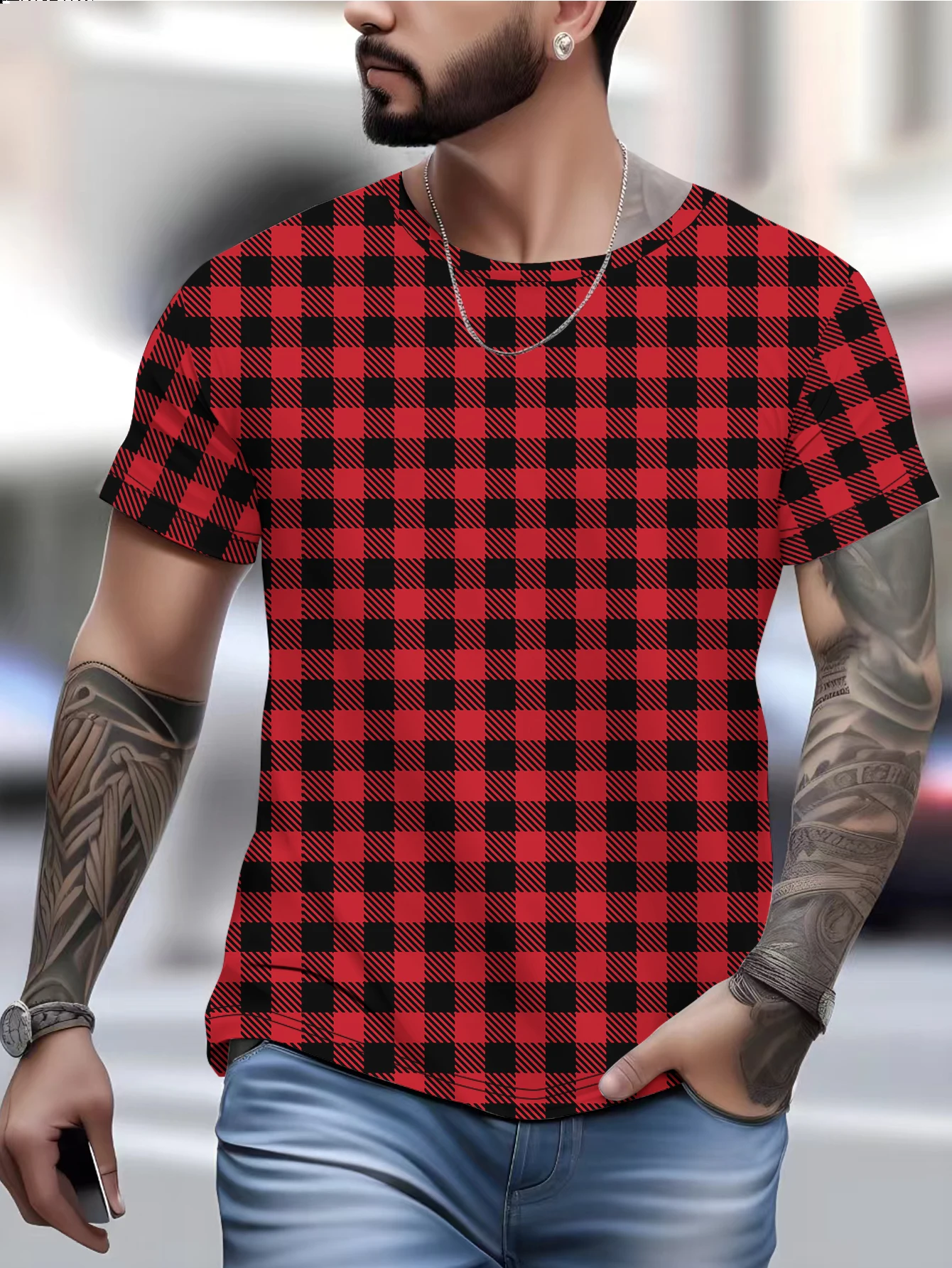 

Футболка мужская с цифровой печатью, Классическая простая Свободная Повседневная тенниска в красную клетку, модная крутая майка с коротким рукавом, лето