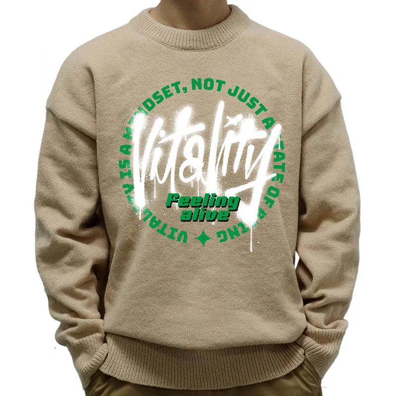 Men's Sweater Autumn Winter Long Sleeve Khaki Sweaters Pullovers Casual O-Neck Knit Men Pullover Letter Printed Jumper Knitwears