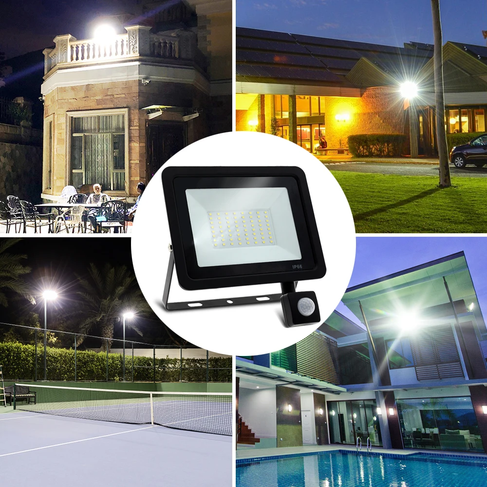 LED Flood Light PIR Motion Sensor IP66 AC220V Exterior Projector Spotlight SMD2835 Outdoor Lighting Floor Lamp