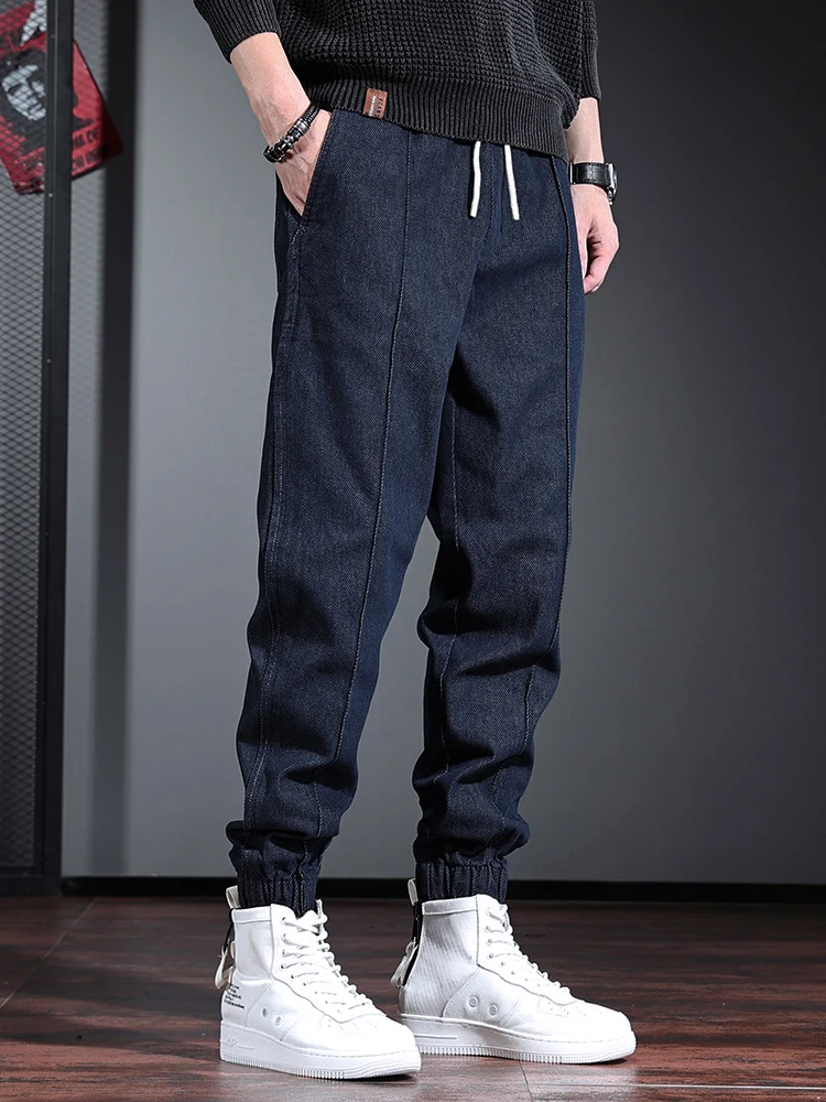 Autumn Blue Baggy Jeans Men Casual Elastic Waist Pencil Pants Streetwear Loose Drawstring Jogging Solid Denim Trousers