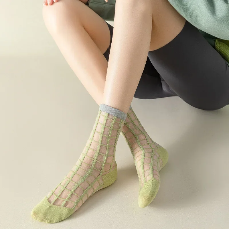Ultra-Thin Transparent Harajuku Socks    Women’s Casual Plaid Crystal Silk Nylon Breathable Japanese Elastic Long Mid-tube Socks Sox for Woman in light-green, Womens footwear
