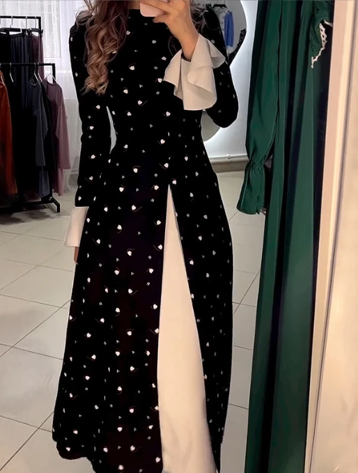 

Elegant Dresses for Women 2023 Autumn Female Clothing Fashion Black Polka Dot Round Neck Temperament Long Sleeve Split Dress