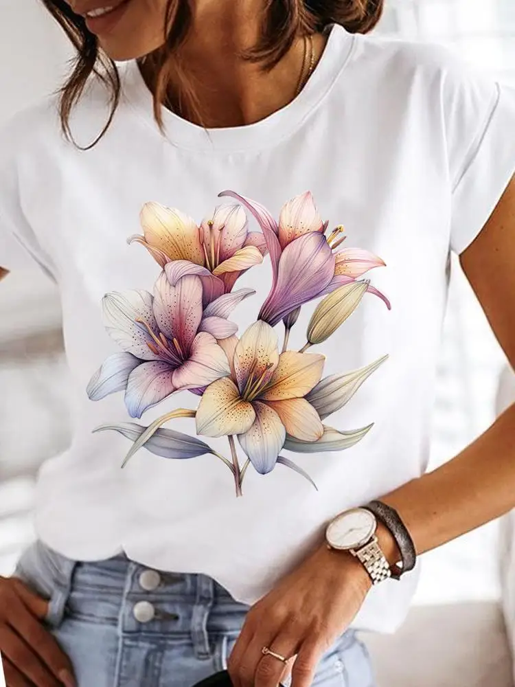 Clothes T Female Clothing For Women Graphic Tee Fashion Lady Sweet Flower 90s Casual Top O-neck Short Sleeve Print T-shirts