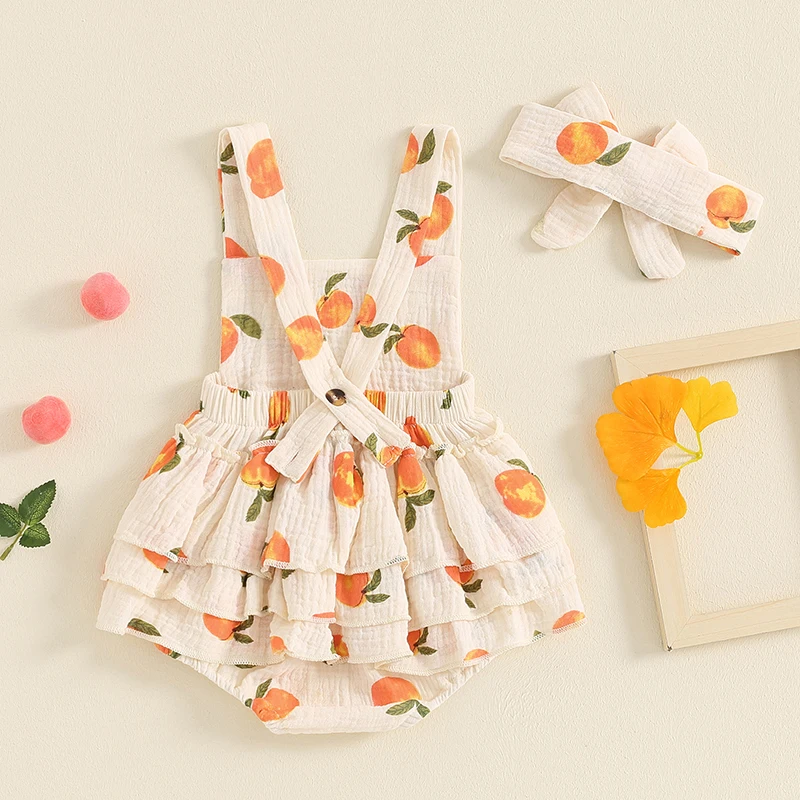 Peach Print Baby Girls Summer Romper with Headband