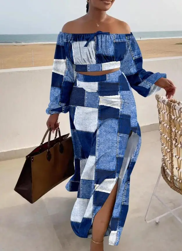 

Lantern Sleeve High Waist Denim Look Print Off Shoulder Top & Slit Skirt Set