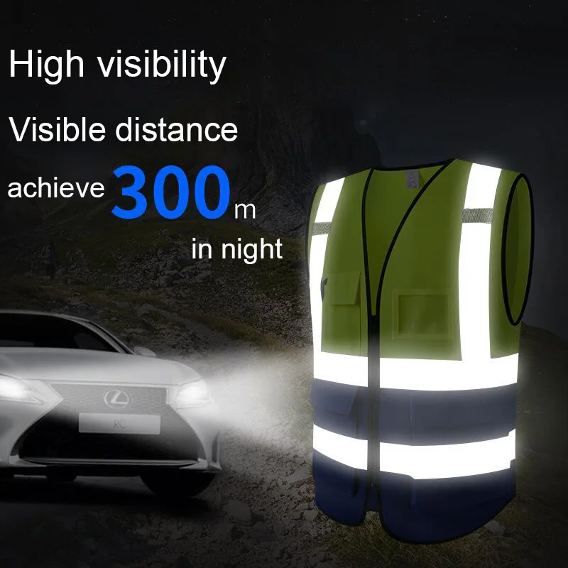 Safety Vest High Visibility Reflective Night Construction Work Security Adults Unisex Zipper and 5 Pockets Traffic Workwear