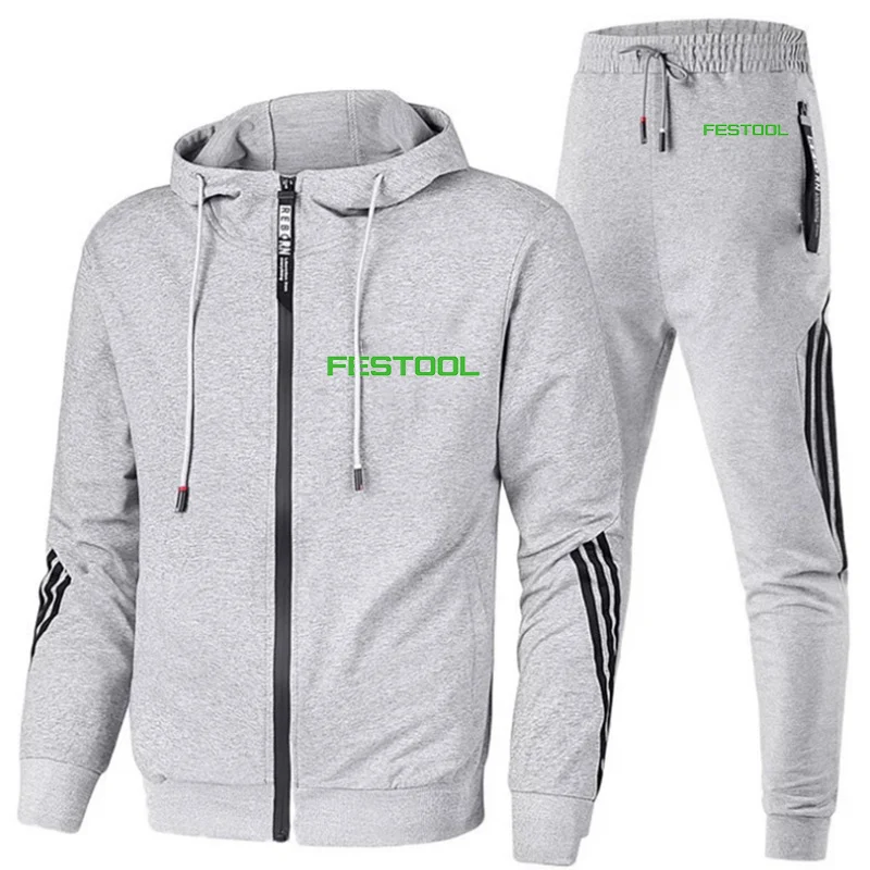 Festool 2023 men's new sportswear spring and autumn striped zipper hooded jogging pants sports popular printing two-piece suit