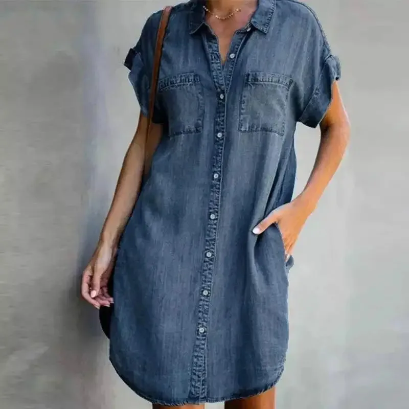 Blue Denim Button Pocket Loose Blouse Dress for Women