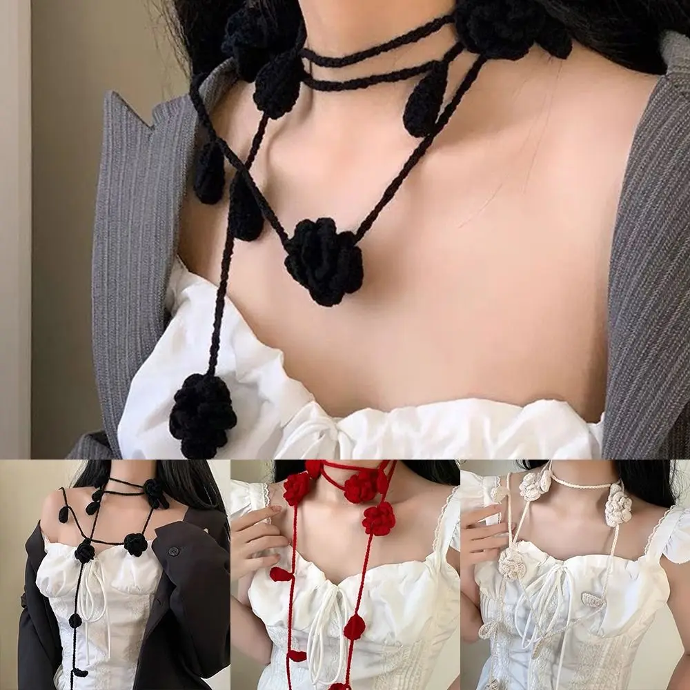 Creative Multicolor Y2k Rose Necklace Long Scarf Crocheting Rose Flower Neck Chain Decoration Accessories Rose Scarf Girl