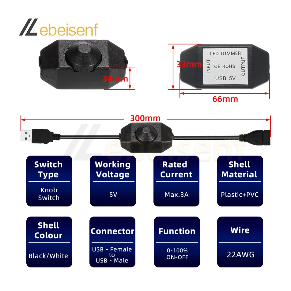 LED Dimmer Switch Knob 5V DC USB Female to Male Extension Cord with Rotary ON OFF Controller White Black for LED Strips