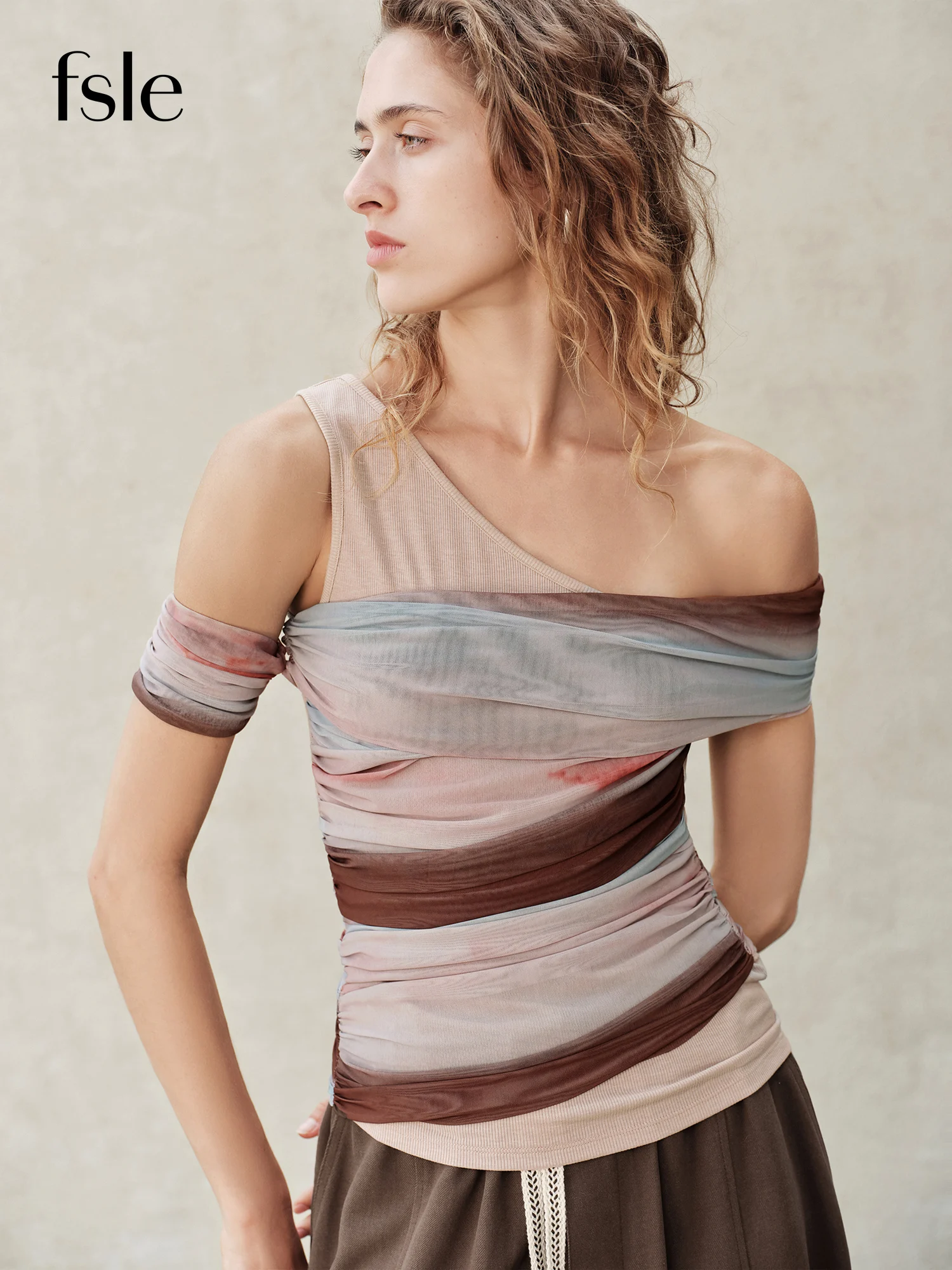 FSLE【Premium Series】Women's Asymmetrical Neck Knit Short-Sleeve T-Shirt Retro Summer 2026 New Gradient Stripe Wasteland Style