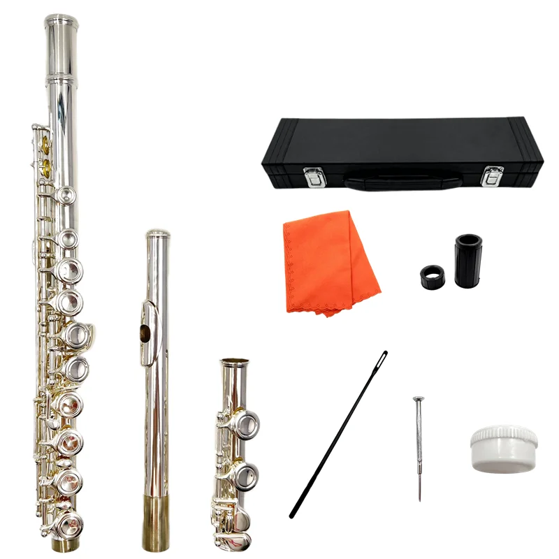 Professional Flute Cupronickel Closed C Tune E Key 16 Hole Flute Silver Plated Musical Instruments With Case and Accessories
