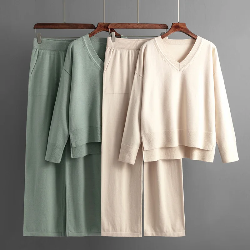 Knitted Sweater 2 Peice Set Women Winter Autumn Warm V-Neck Pullover Straight Jogging Pant Suits Casual Oversize Tracksuit Women