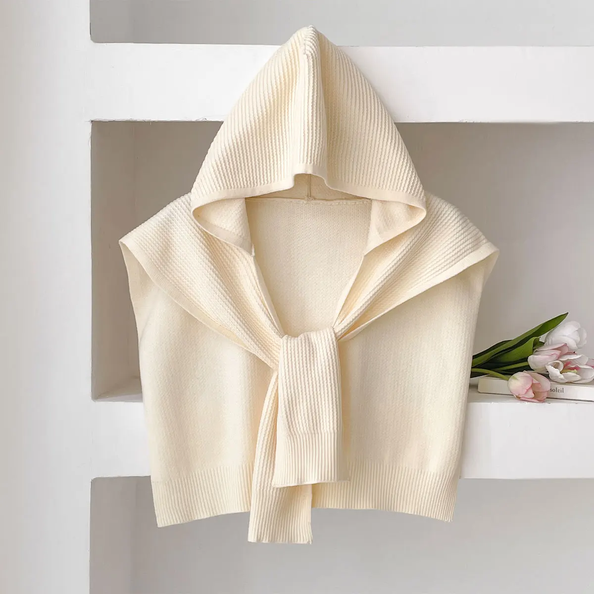 2025 Latest Solid Color Knitted Shawl Summer Air Conditioning Knit Hooded Hat Thin Knotted Cape Shoulder Scarf For Women