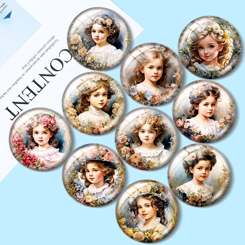 Retro Girl Flower Angel For Jewelry Making 12Mm/16Mm/18Mm/25Mm 10Pcs Round Photo Glass Cabochon Demo Flat Back Making Risultati