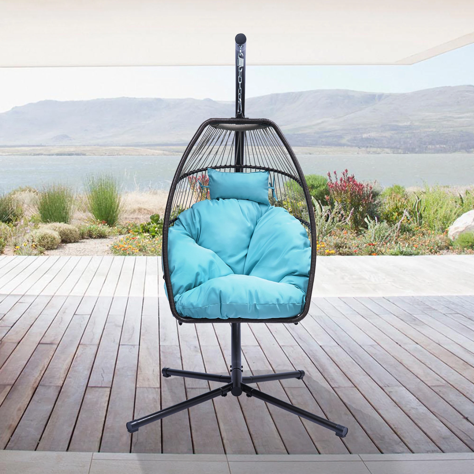 

Patio Wicker Folding Hanging Chair Rattan Swing Hammock Egg Chair with X Type Base C Type Bracket Cushion Pillow Blue/Beige