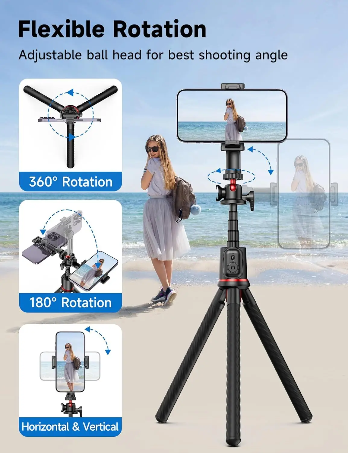Selfieshow Flexible 360 Ball Head Portable Travel Tripod Cell Phone Stand Clip Selfie Stick Tripe for Live Streaming Vlogging 4